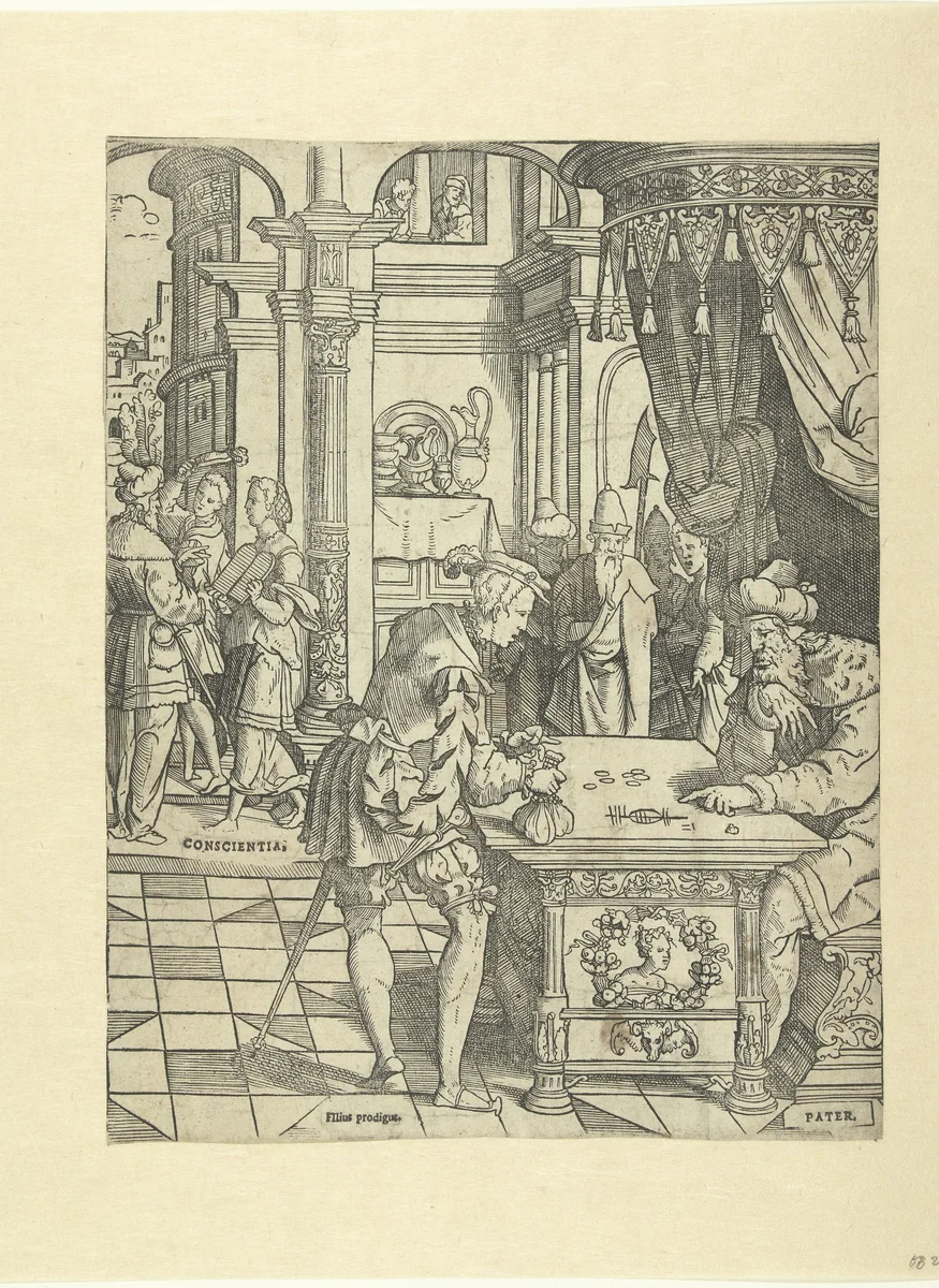 De verloren zoon ontvangt zijn erfenis by Cornelis Anthonisz, print, 1535-1545