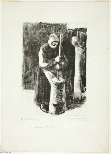Peasant Woman Churning Milk by Camille Pissarro, print, 1891-1901