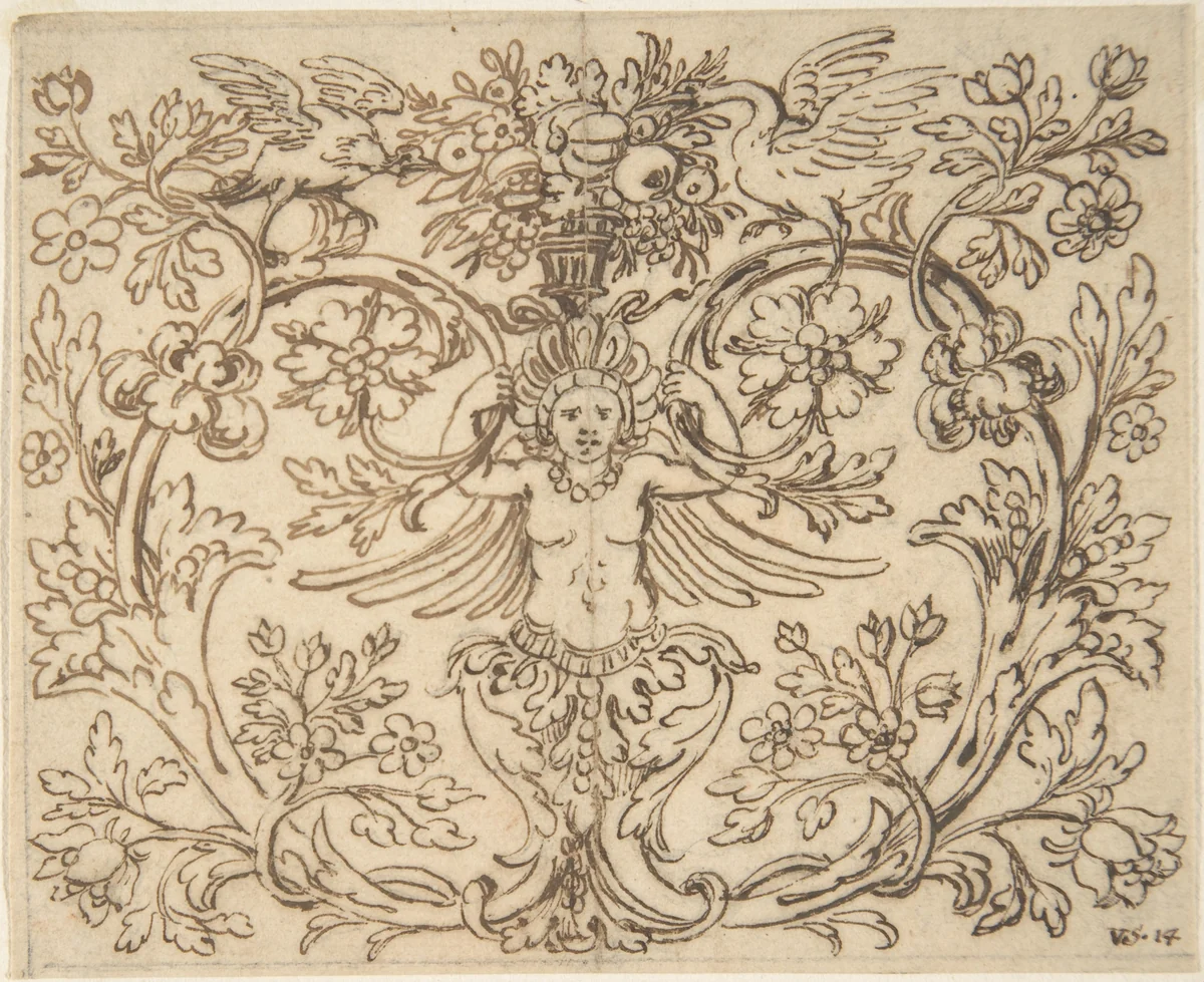 Design for a Decroative Panel with a Hybrid Figure from which Two Tendrils Emerge by anonymous, drawing, 1500-1700