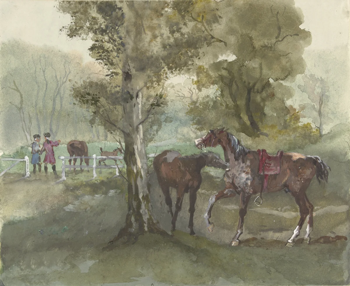 Paarden in de wei by Jules baron Finot, drawing, 1856-1882