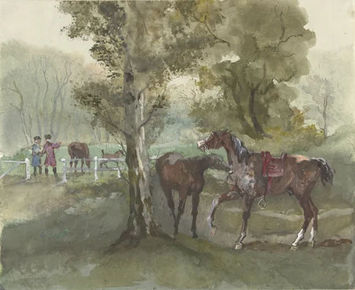 Paarden in de wei by Jules baron Finot, drawing, 1856-1882