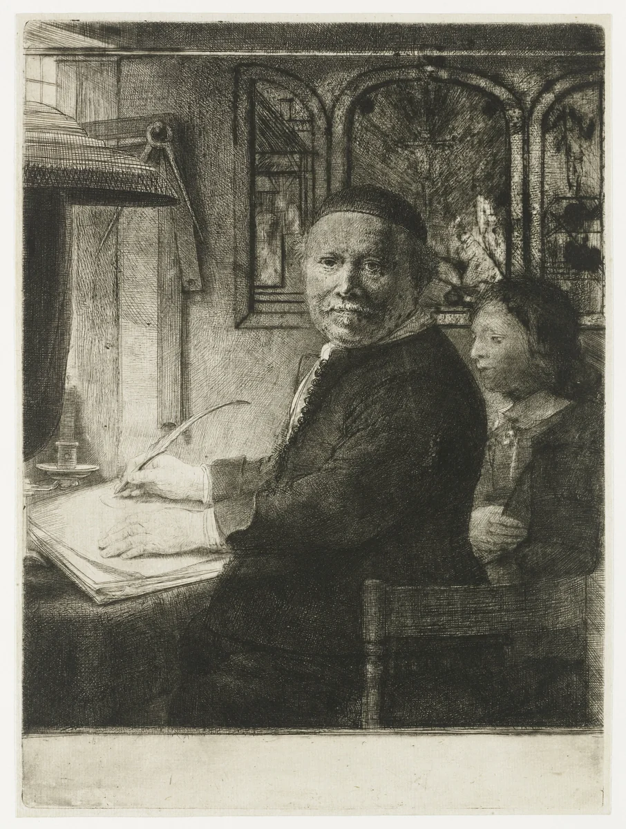 Lieven Willemsz. van Coppenol, writing master: the smaller plate by Rembrandt van Rijn, print, 1658