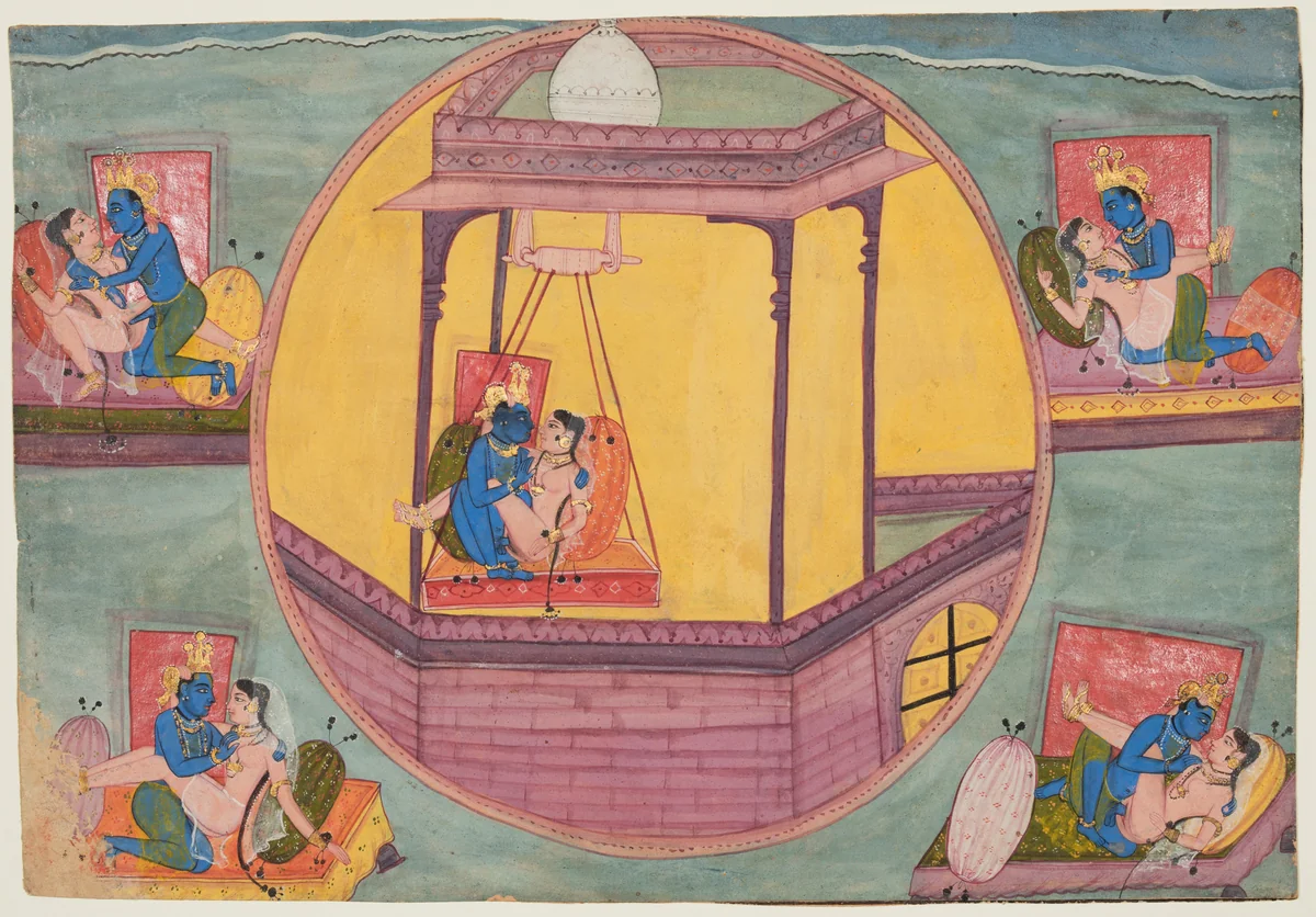 Five Poses of Krishna Making Love, from a Bikaner Bhagavata Purana by Unknown, painting, 1590-1610