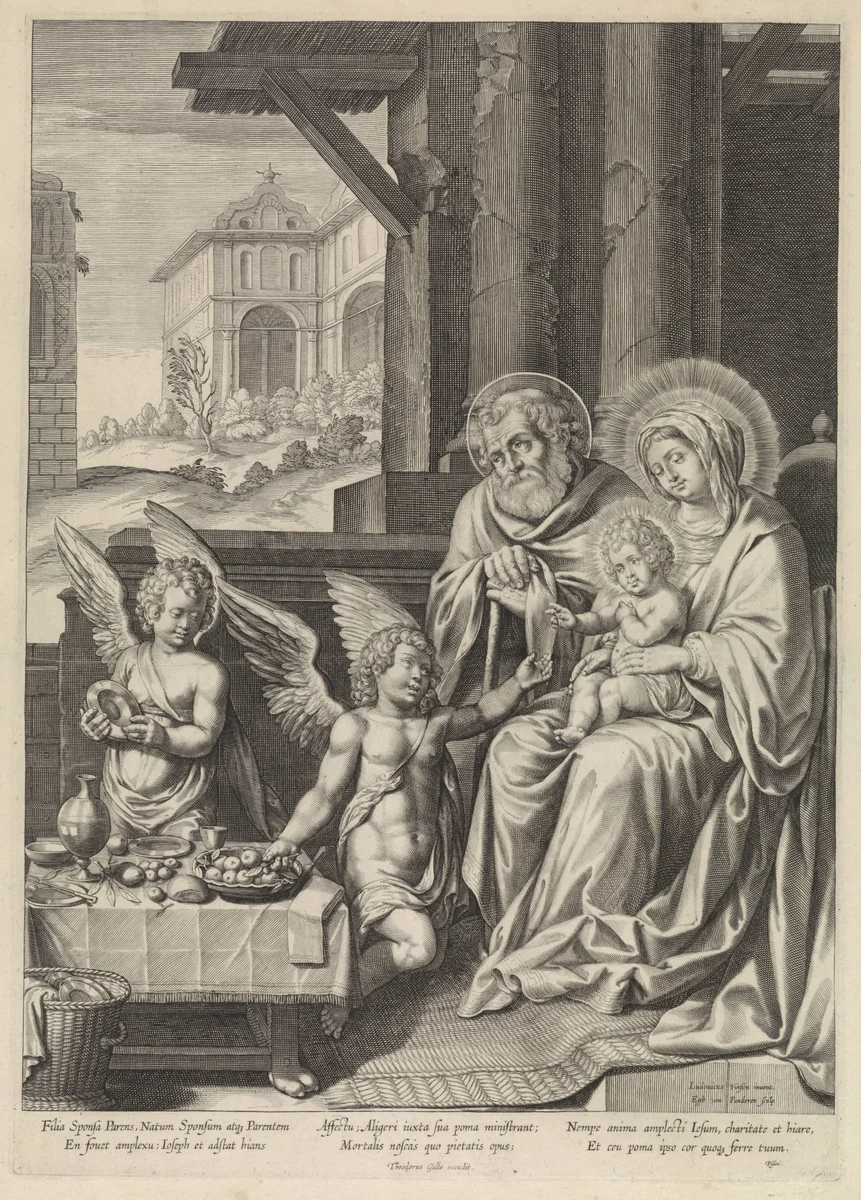 De Heilige Familie en twee engelen by Unknown, print, 1590-1637