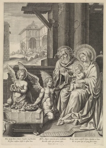 De Heilige Familie en twee engelen by Unknown, print, 1590-1637