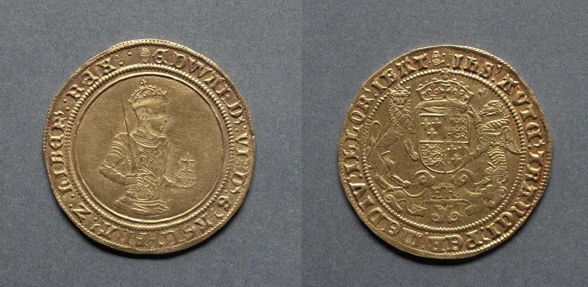 Sovereign of Twenty Shillings: Edward VI (obverse); Crowned Shield of Royal Arms (reverse) by Unknown, metalwork, 1550-1553