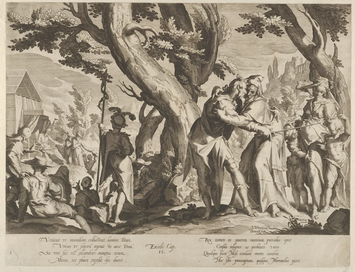 The Meeting of Moses and Jethro, plate 1 from "Thronus Justitiae, tredecim pulcherrimus tabulis..." by Willem van Swanenburg, print, 1605-1606