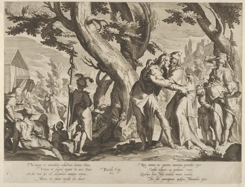 The Meeting of Moses and Jethro, plate 1 from "Thronus Justitiae, tredecim pulcherrimus tabulis..." by Willem van Swanenburg, print, 1605-1606