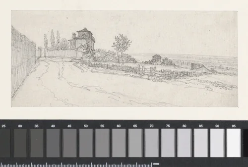 Gezicht in de vlakte van een landweg met een enkel huis by Georges Michel, drawing, 1773-1843