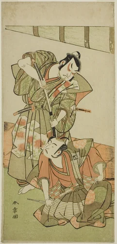 The Actors Ichikawa Yaozo II as Konoshita Hyokichi (?) (right), and Sakata Hangoro II as Matsunaga Daizen Hisahide (?) (left), in the Play Gion Sairei Shinko Ki (?), Perfomred at the Ichimura Theater (?) in the Fifth Month, 1775 (?) by Katsukawa Shunsho (勝川 春章), print, 1770-1780