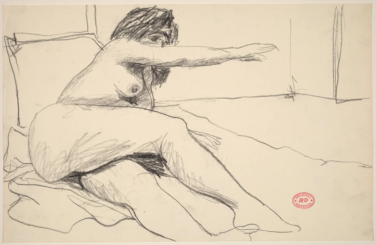 Untitled [relining nude reaching with her left arm] by Richard Diebenkorn, drawing, 1955-1967