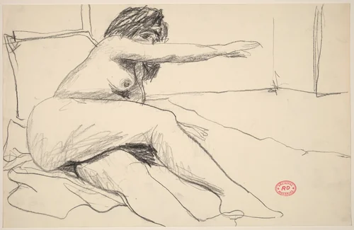 Untitled [relining nude reaching with her left arm] by Richard Diebenkorn, drawing, 1955-1967