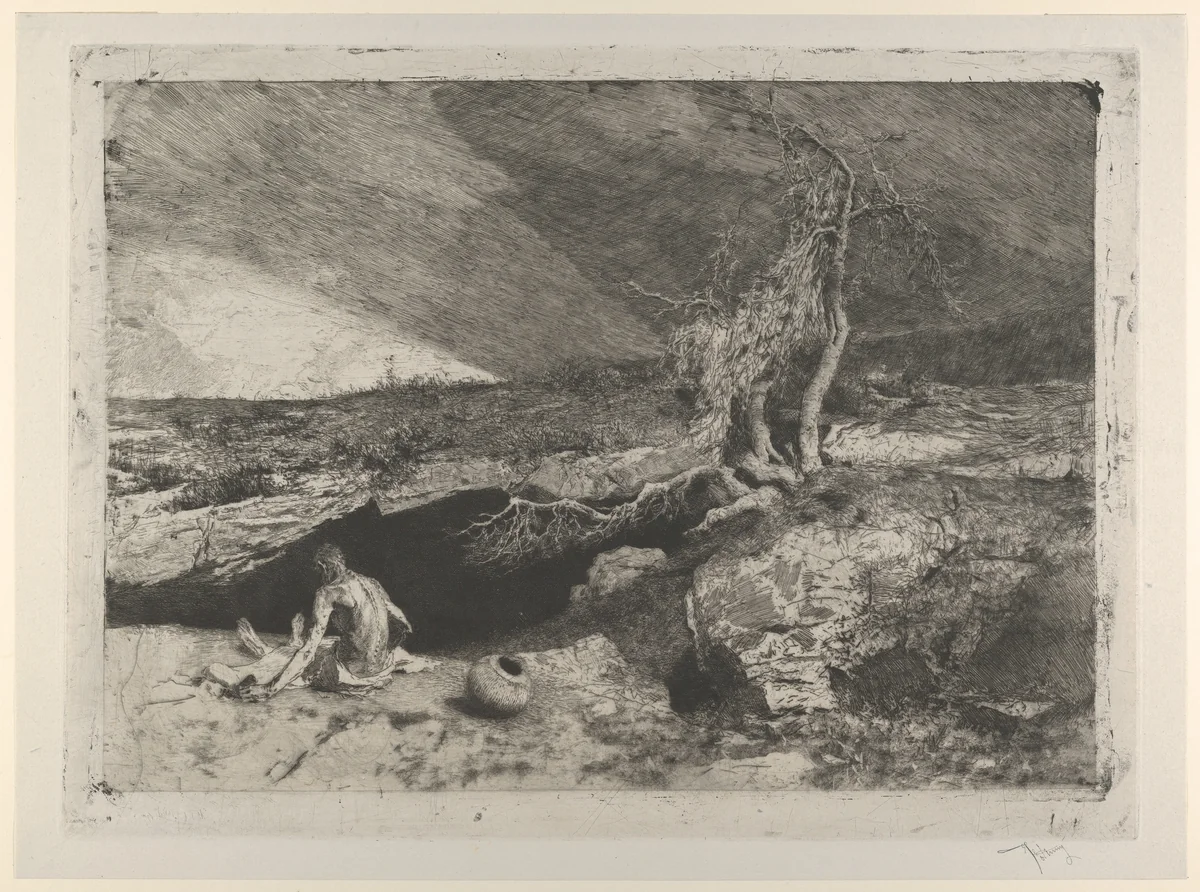 The Anchorite: a partially naked man seated at left in a landscape with what appears to be a long sheet unfolded over his knees by Mariano Fortuny, print, 1869