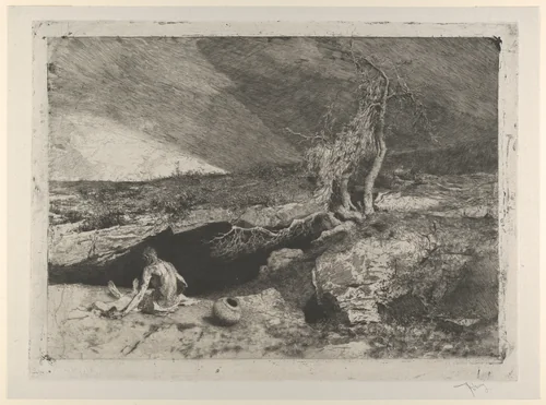 The Anchorite: a partially naked man seated at left in a landscape with what appears to be a long sheet unfolded over his knees by Mariano Fortuny, print, 1869