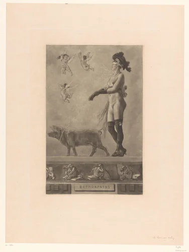 Geblinddoekte naakte vrouw geleid door een varken by anonymous, print, 1843-1898