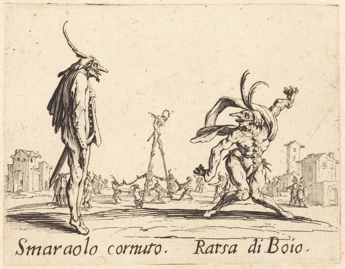 Smaralo Cornuto and Ratsa di Boio by Jacques Callot, print, 1622