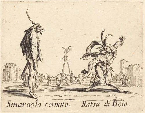 Smaralo Cornuto and Ratsa di Boio by Jacques Callot, print, 1622