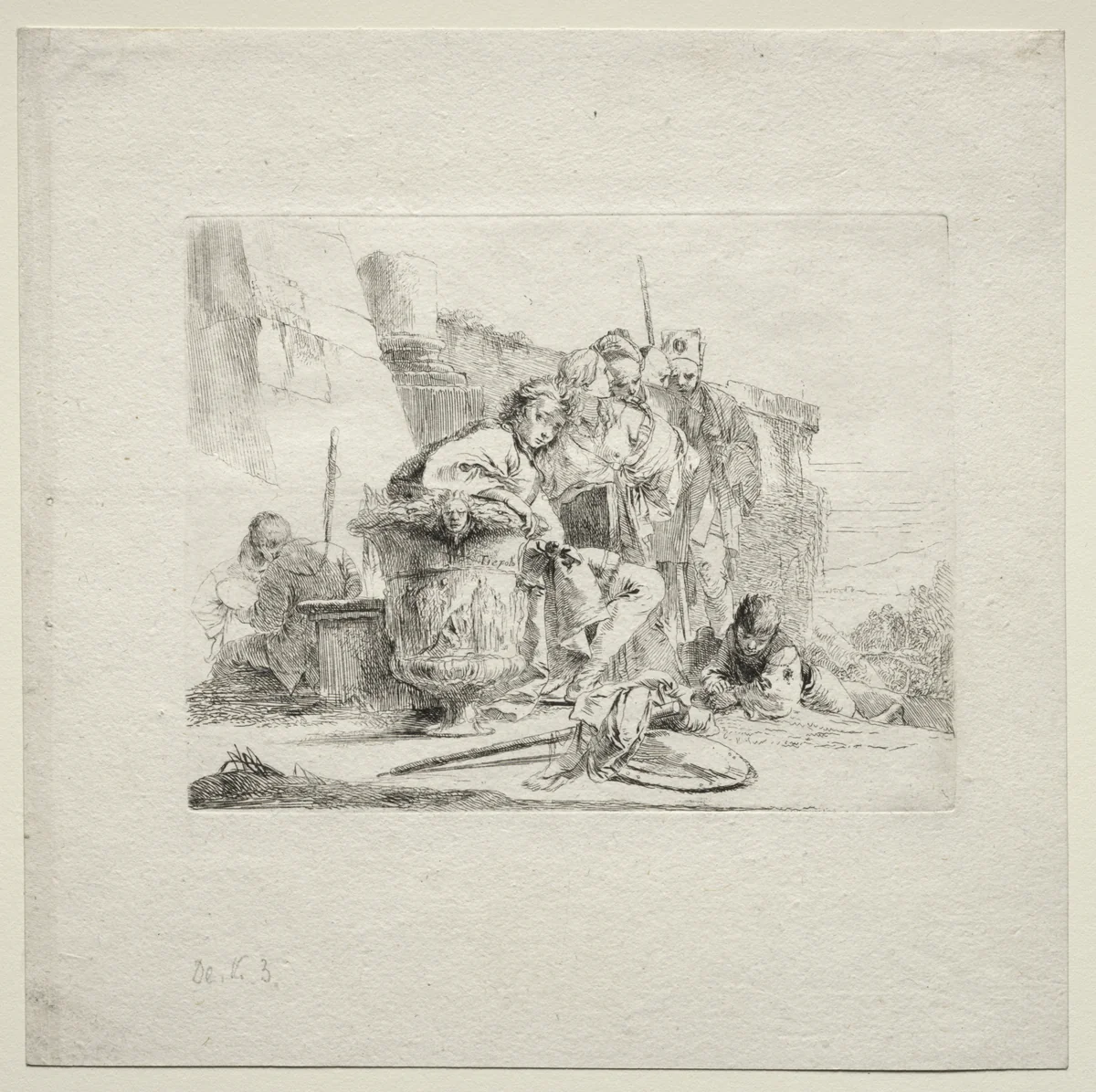 Various Caprices: The Young Man Seated, Leaning Against an Urn by Giovanni Battista Tiepolo, print, 1730-1755