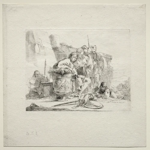 Various Caprices: The Young Man Seated, Leaning Against an Urn by Giovanni Battista Tiepolo, print, 1730-1755