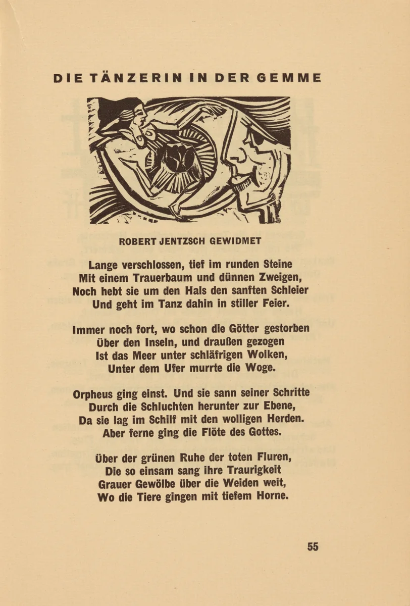 Die Tänzerin in der Gemme (The Dancer in the Cameo) (headpiece, page 55) from Georg Heym: Umbra Vitae (Georg Heym: The Shadow of Life) by Ernst Ludwig Kirchner, volume, 1924