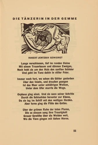 Die Tänzerin in der Gemme (The Dancer in the Cameo) (headpiece, page 55) from Georg Heym: Umbra Vitae (Georg Heym: The Shadow of Life) by Ernst Ludwig Kirchner, volume, 1924