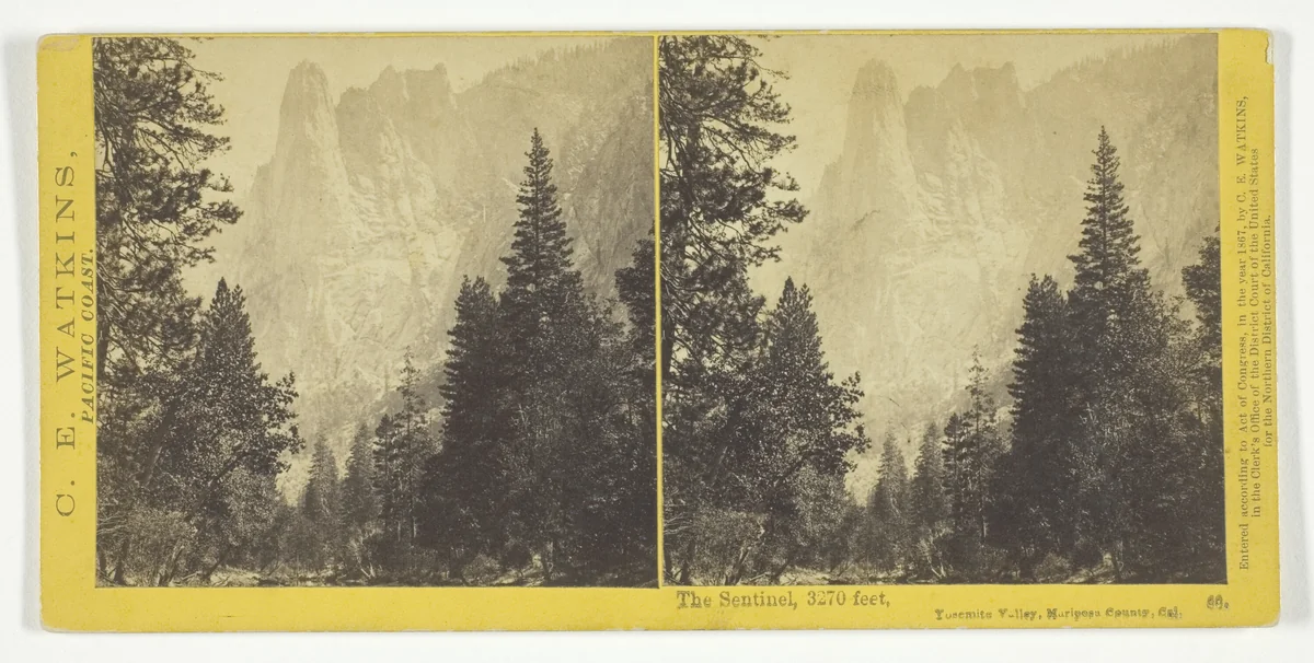 The Sentinel, 3270 feet, Yosemite Valley, Mariposa County, Cal., from the series "Watkins' Pacific Coast" by Carleton Watkins, photograph, 1867