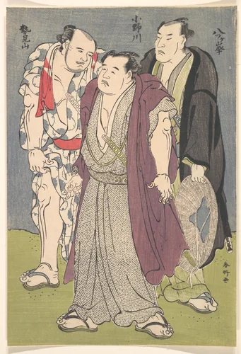 Three Sumō Wrestlers: Onogawa, Seimiyama, and Yatsugamine by Katsukawa Shunkō (勝川春好), print, 1790-1799