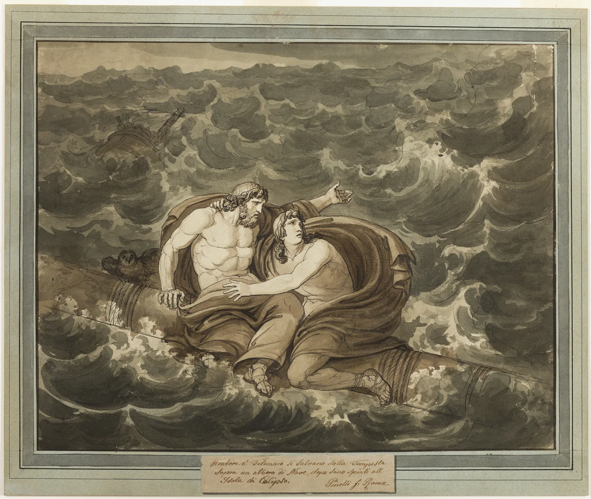 Mentor and Telemachus, Having Survived the Storm, Are Spirited to the Island of Calypso on a Mast, from The Adventures of Telemachus, Book 6 by Bartolomeo Pinelli, drawing, 1808