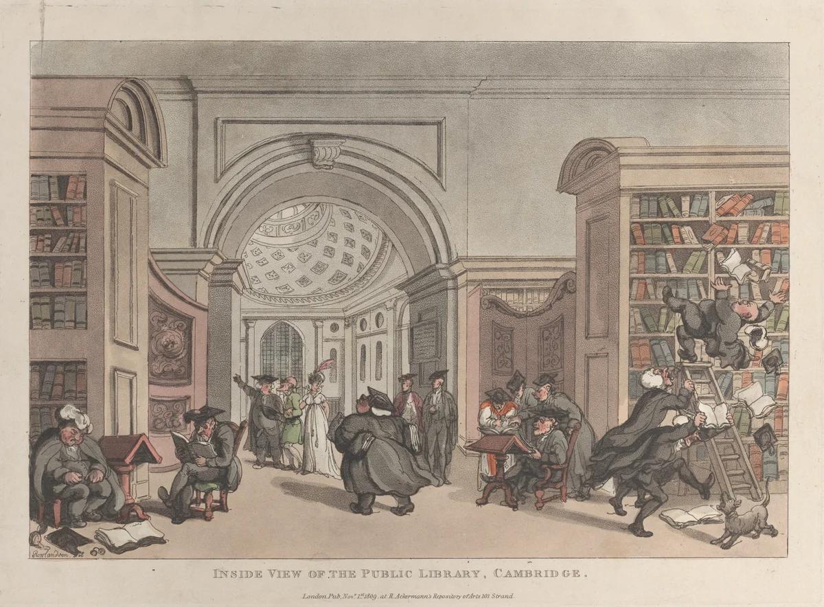 Inside View of the Public Library, Cambridge by Thomas Rowlandson, print, 1809
