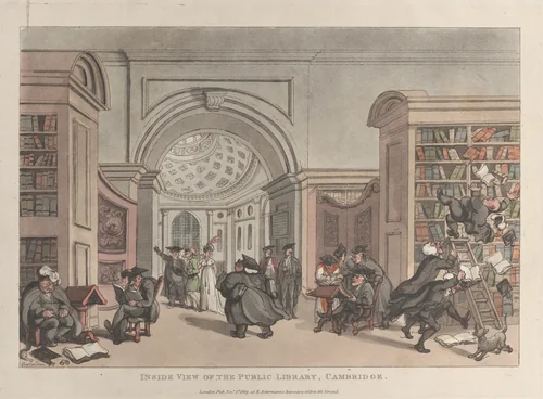 Inside View of the Public Library, Cambridge by Thomas Rowlandson, print, 1809