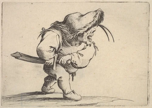 Small male figure stopping to draw his sword, in profile view with open mouth and left foot positioned forward, from "Varie Figure Gobbi" by Jacques Callot, print, 1621-1625