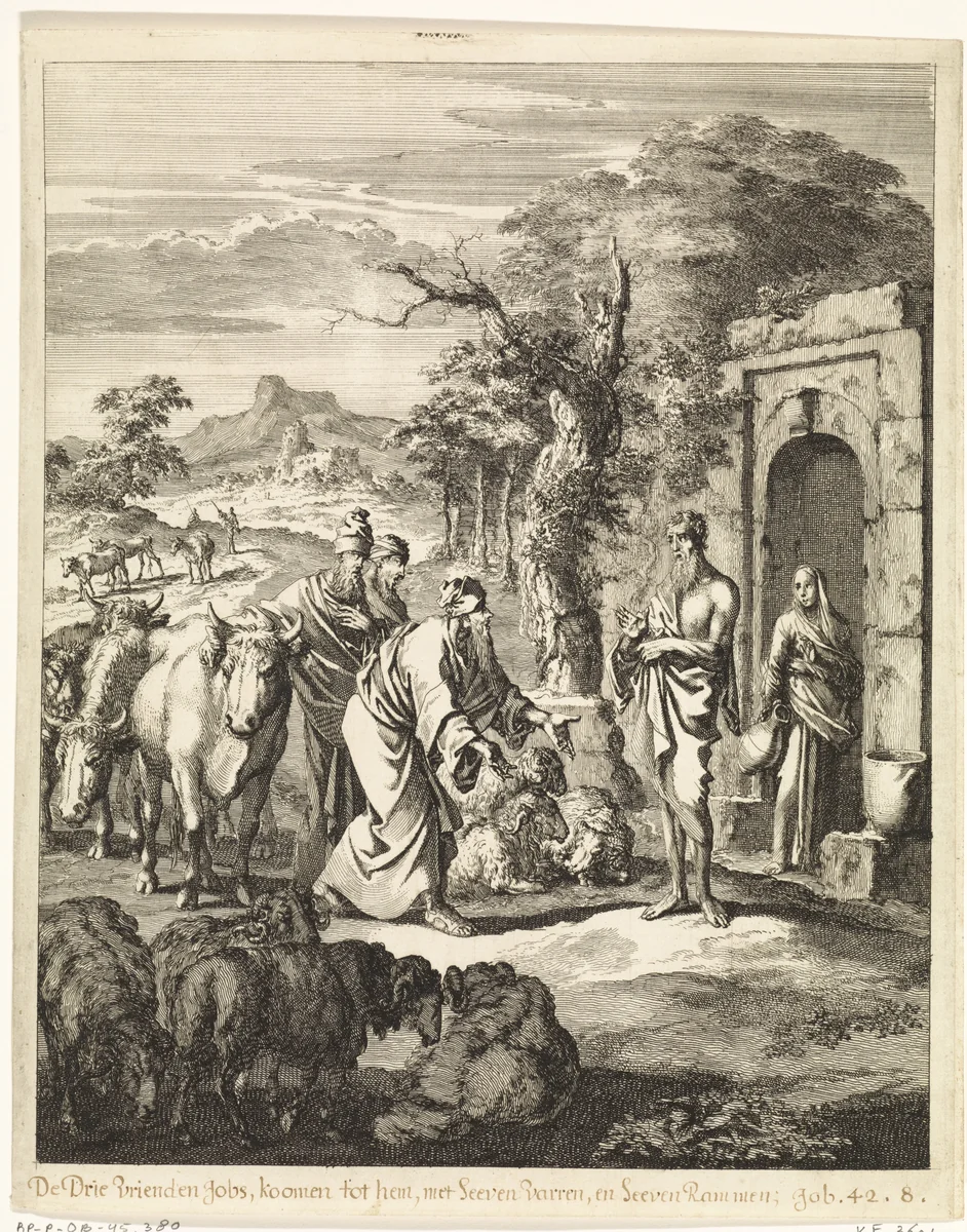 Drie vrienden brengen Job stieren en rammen om voor hen te offeren by Jan Luyken, print, 1708