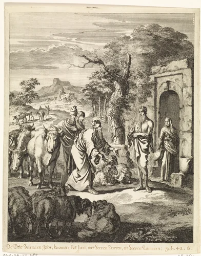 Drie vrienden brengen Job stieren en rammen om voor hen te offeren by Jan Luyken, print, 1708