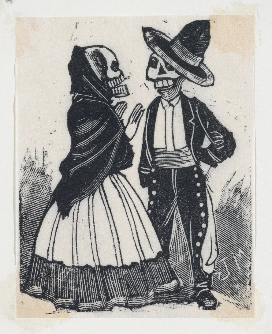 A male and female skeleton talking (vignette for the feast of the dead) by José Guadalupe Posada, print, 1885-1895