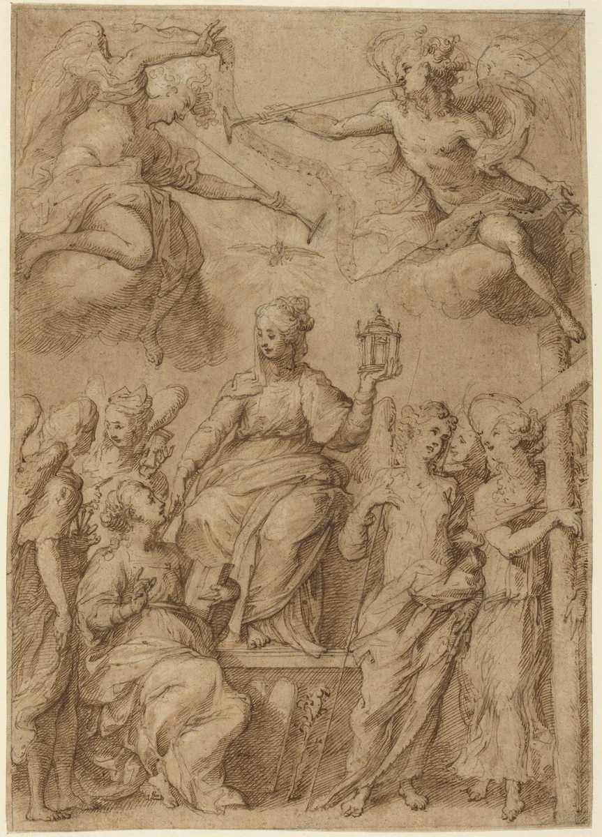 Ecclesia Surrounded by Angels Holding the Instruments of the Passion by Bernardo Strozzi, drawing, 1582-1644