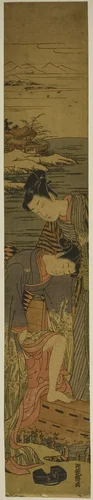 Young Woman Drops her Geta as She Boards a Boat by Isoda Koryusai, print, 1768-1778