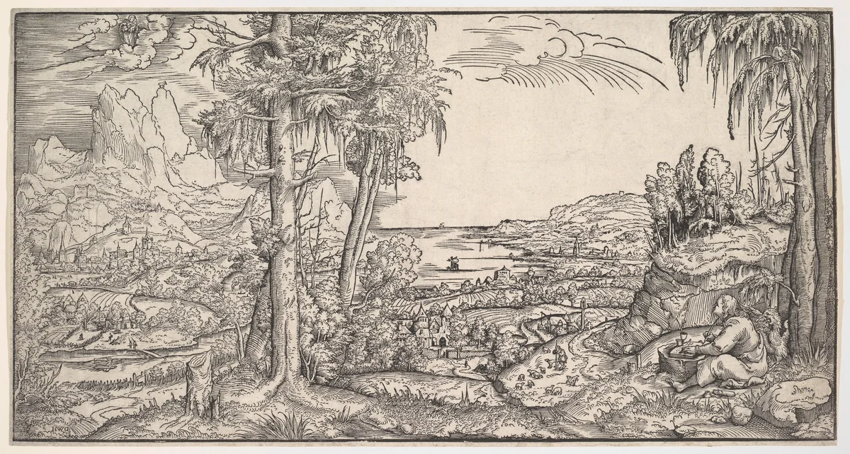 Landscape with Saint John the Evangelist by Virgil Solis, print, 1530-1562