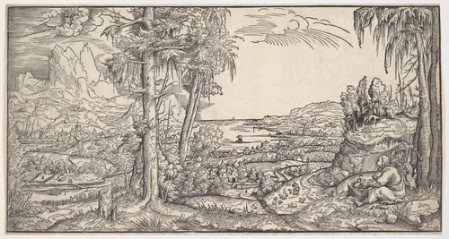 Landscape with Saint John the Evangelist by Virgil Solis, print, 1530-1562