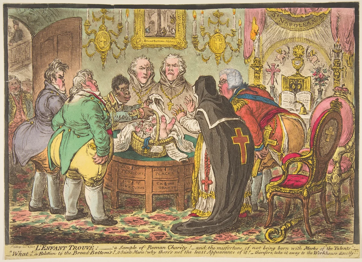 L'Enfant Trouvé:–a Sample of Roman Charity!–or–the Misfortune of Not Being Born with Marks of "the Talents" by James Gillray, print, 1808