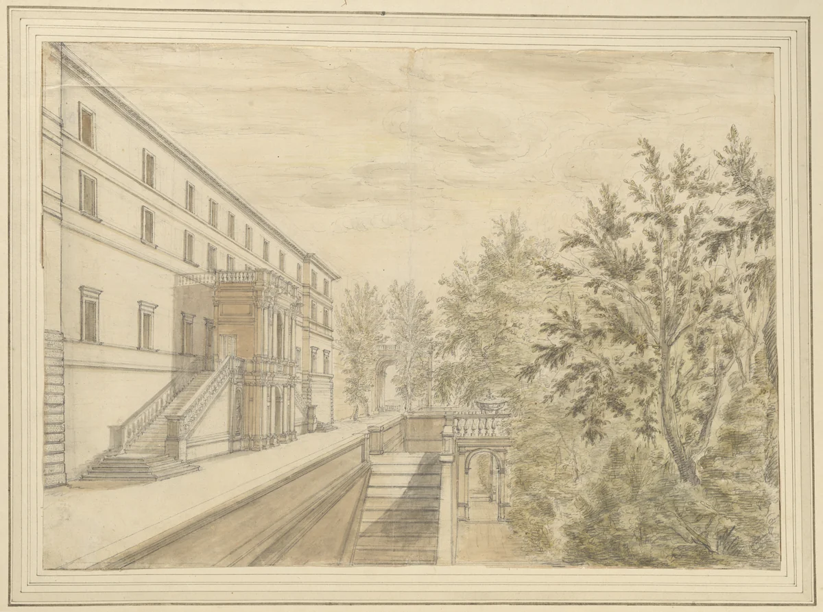 View of the Garden Terrace of the Villa d'Este at Tivoli by Israel Silvestre, drawing, 1643-1644