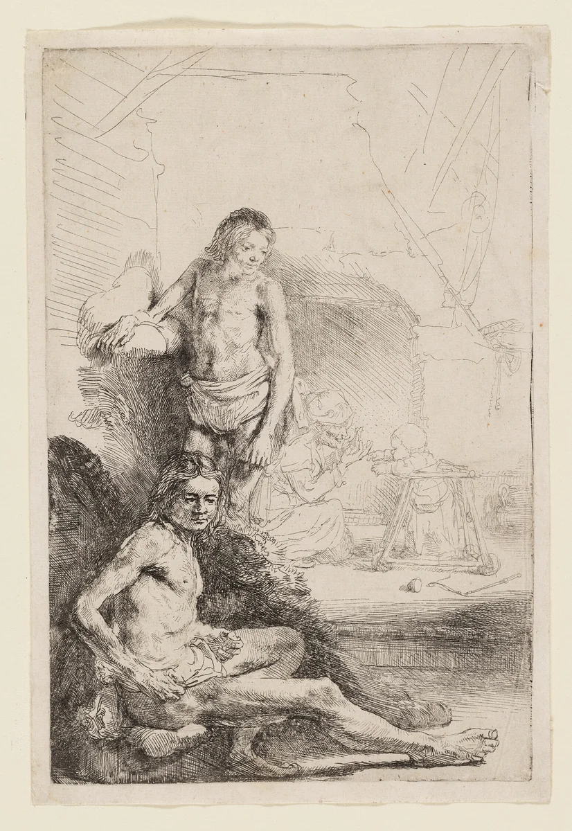 Male Nude Seated and Standing by Rembrandt van Rijn, print, 1641-1651