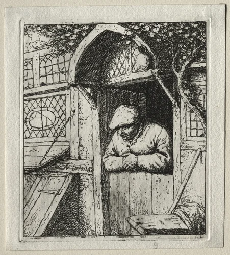 Peasant Leaning on his Doorway by Adriaen van Ostade, print, 1647-1657
