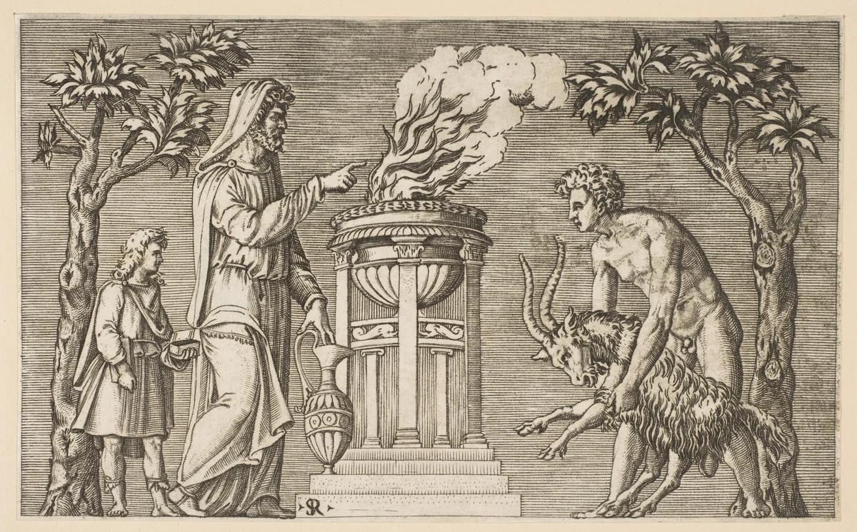 The Sacrifice of a Ram; naked man at right guiding a ram towards an altar pyre, hooded priest at left with a young attendant by Marco Dente, print, 1510-1532