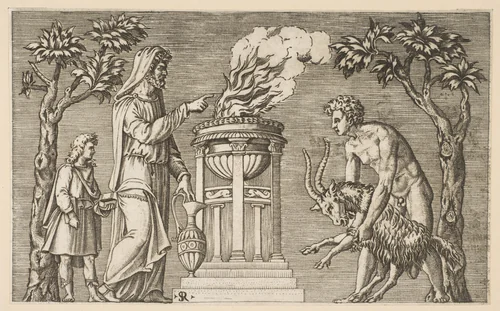 The Sacrifice of a Ram; naked man at right guiding a ram towards an altar pyre, hooded priest at left with a young attendant by Marco Dente, print, 1510-1532