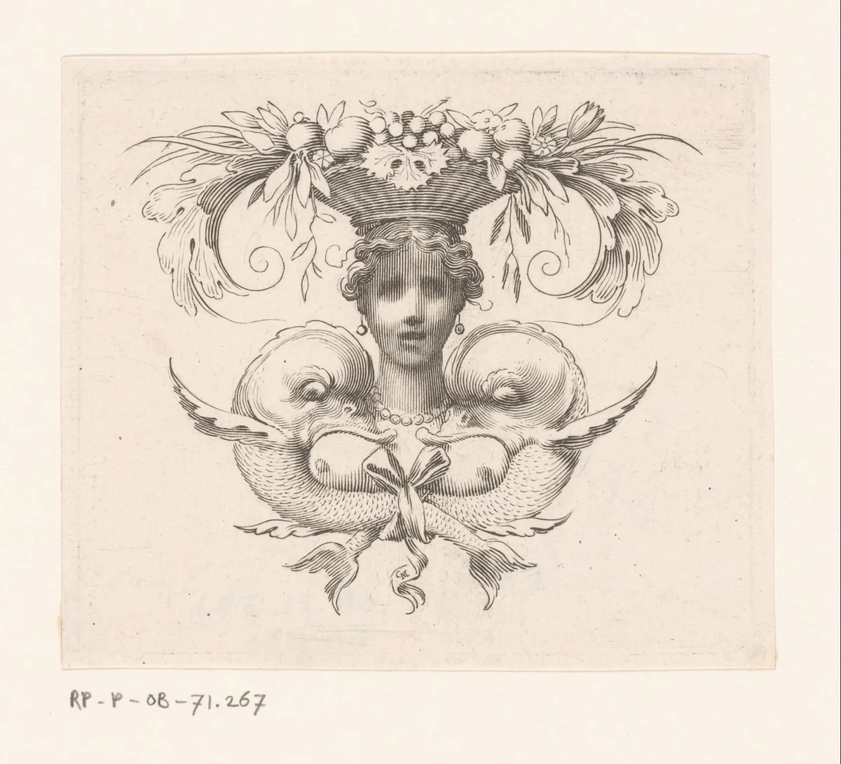 Cul-de-lampe van een vrouw met een mand fruit op het hoofd en twee dolfijnen by Claude Mellan, print, 1639-1643