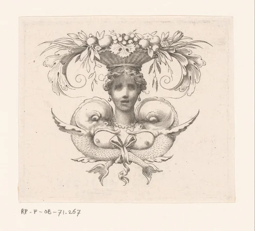 Cul-de-lampe van een vrouw met een mand fruit op het hoofd en twee dolfijnen by Claude Mellan, print, 1639-1643