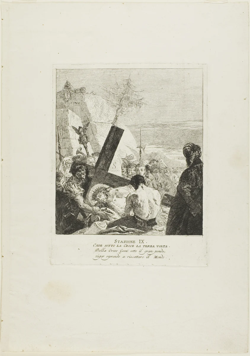 Christ Falls Beneath the Cross for the Third Time, plate nine from Stations of the Cross by Giovanni Domenico Tiepolo, print, 1748