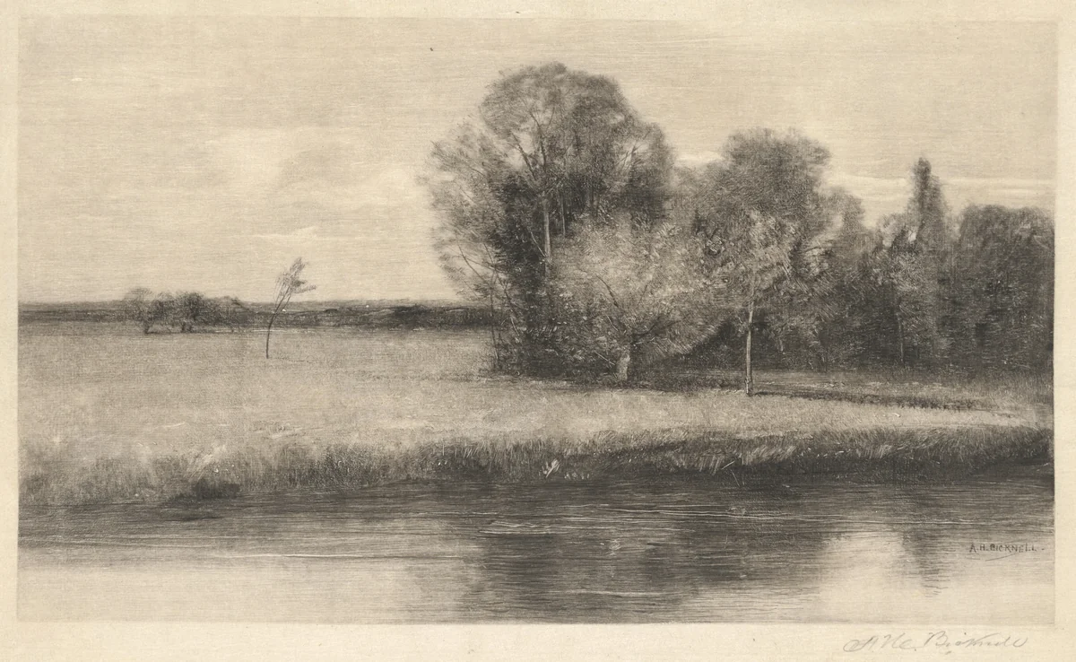 A Sun-dappled Meadow by a River by Albion Bicknell, print, 1890