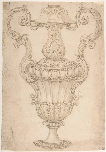 Design for a Two-Handled Urn with Acanthus, Shell, and Egg-and-Tongue Motif by Giovanni Battista Foggini, drawing, 1652-1725