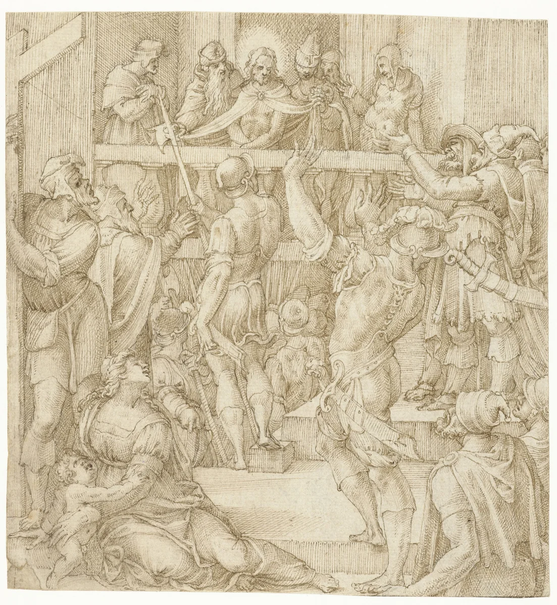 Christus aan het volk getoond by Michiel Coxie, drawing, 1520-1539